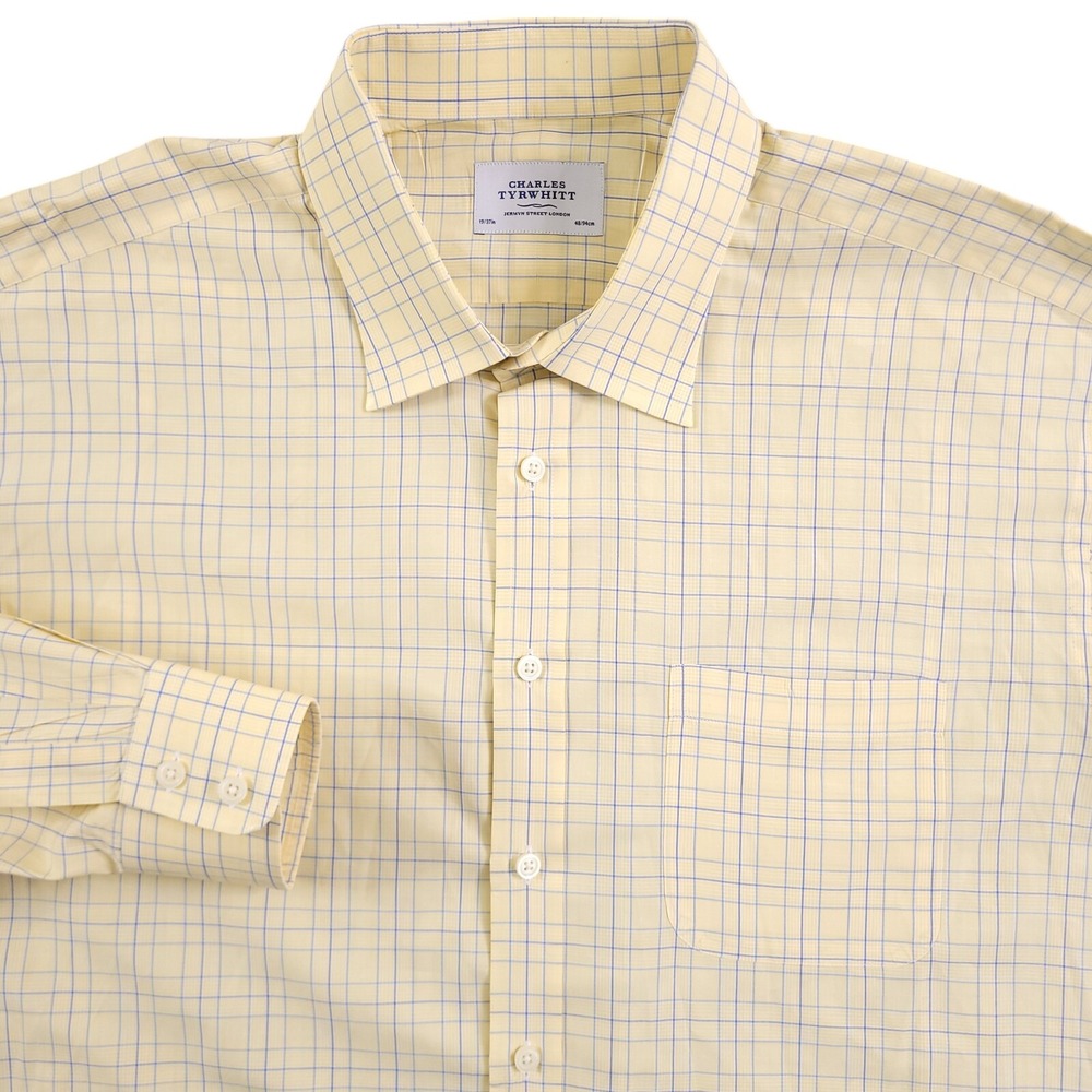 Charles Tyrwhitt Dress Shirt Mens 19 37 Regular Fit Yellow Blue Plaid